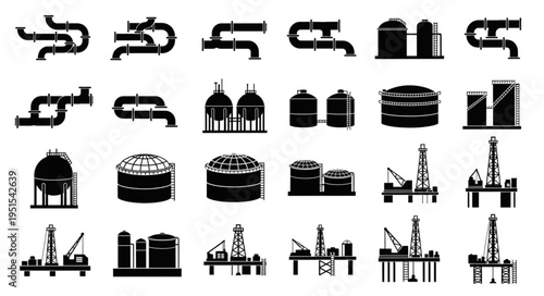 Oil and Gas Industry Icons - Pipelines, Storage Tanks, and Offshore Platforms.