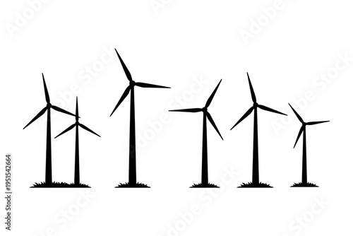 Silhouette of wind turbines on white background for renewable energy concept.