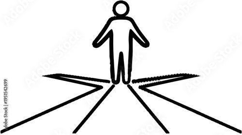 Figure of a person standing at a crossroads with multiple paths branching out