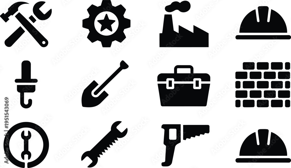 Fototapeta premium Industrial construction tools and icons set. flat style vector illustration with transparent background