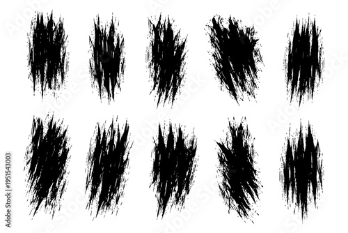Vector set of black grunge brush strokes on white background.