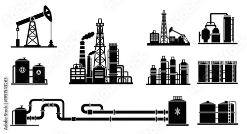 Oil and Gas Industry Silhouette Icons - Extraction, Processing, and Storage.