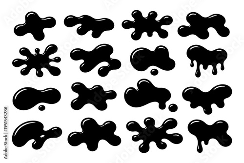 Collection of black ink blots and splashes on white background.