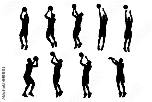 Silhouettes of male basketball players jumping and shooting the ball in various poses.