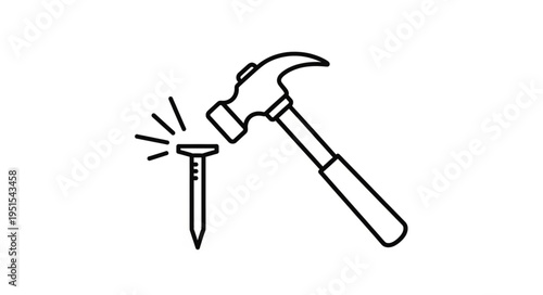 Hammer striking a nail, illustrating construction and carpentry work, simple drawing.