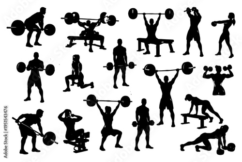 Silhouette of diverse workout poses with male and female athletes lifting weights.