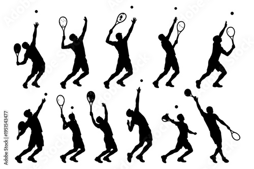 Silhouettes of male tennis players serving in dynamic action poses.