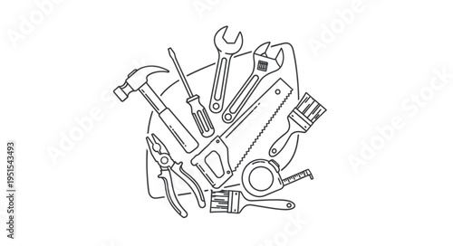 Collection of various hand tools for construction and repair work, black and white.