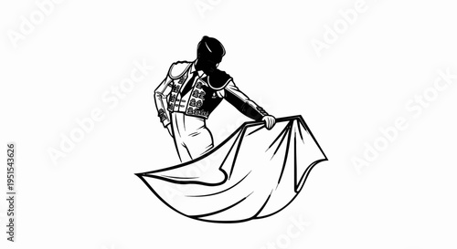 A black and white illustration of a matador holding a cape, in a performance