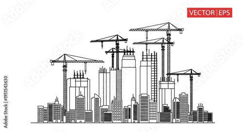 Construction site with cranes and buildings, urban development, city skyline, architectural design.