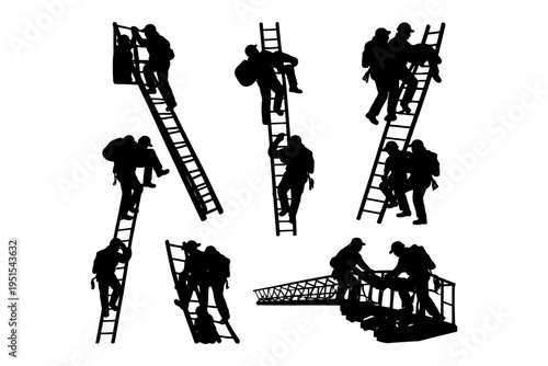 Silhouettes of climbers on ladders engaged in various activities.