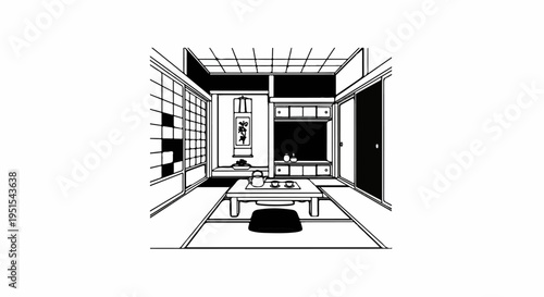 Traditional Japanese room with sliding doors, tea set, and calligraphy scroll