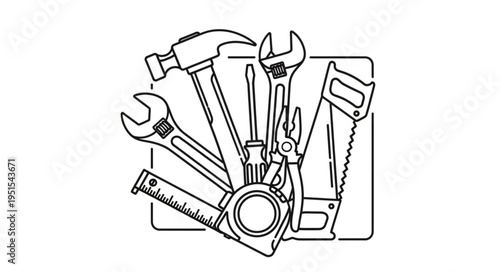 Collection of various hand tools for construction and repair work, black and white image.