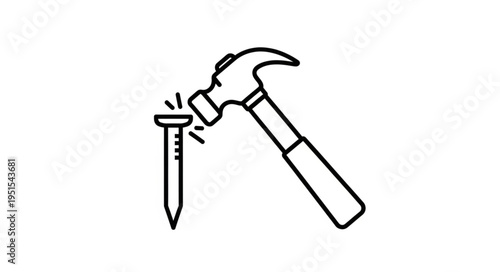 Hammer hitting nail into wood, construction and carpentry work, building process.