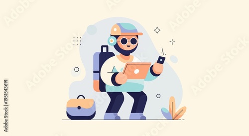 A cheerful, cartoonish character wearing a cap and headphones, holding a tablet and phone