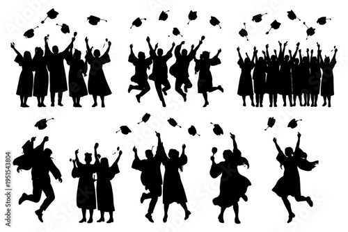 Silhouette of diverse graduates celebrating with caps in air.