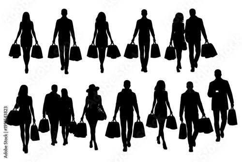 Silhouettes of diverse shoppers with bags on white background.