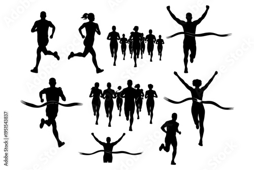 Silhouette runners crossing finish line in marathon race.