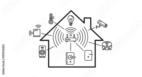 Smart home technology illustration showcasing interconnected devices and network connectivity.