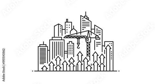 City skyline with construction crane and upward arrows representing growth and development.