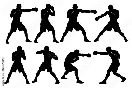 Silhouette of male boxer poses in various action stances.