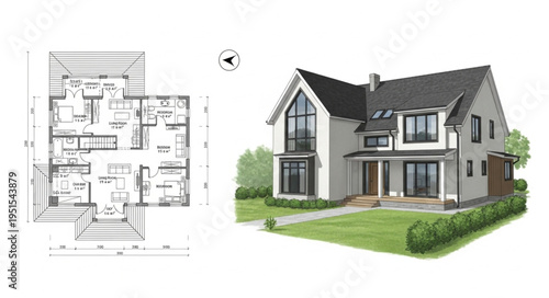 Architectural rendering of a modern two-story house with detailed floor plan.