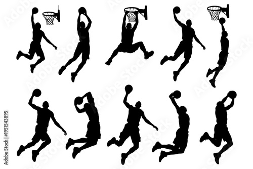 Silhouettes of male basketball players dunking on basketball court.