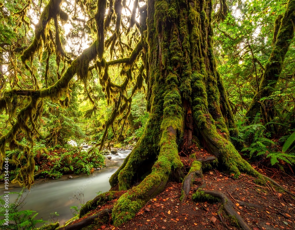 Fototapeta premium Lush mossy forest scene with flowing stream