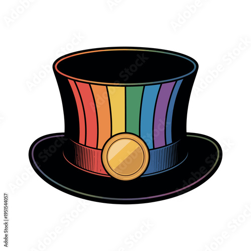 A colorful rainbow top hat with a gold buckle on white