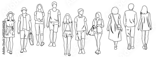 Hand drawn silhouettes of standing men and women, collection of young people, front and back views, linear sketch, couples, profile, vector image, black color, isolated on white background
