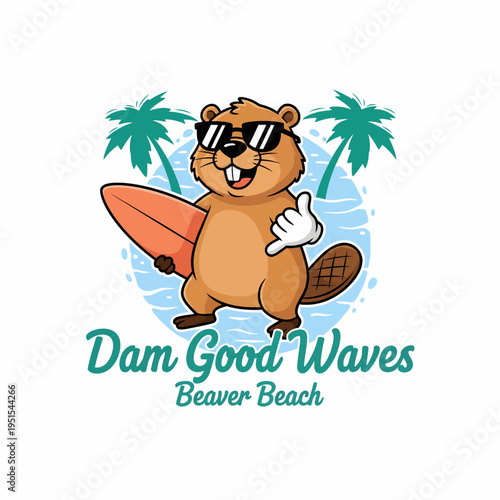 Cartoon Beaver Wearing Sunglasses Surfing.
