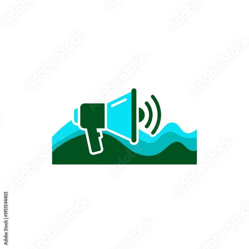Megaphone Icon Illustration Broadcasting Sound Waves Over Green Landscape Design Vector Graphic Symbol Communication Concept