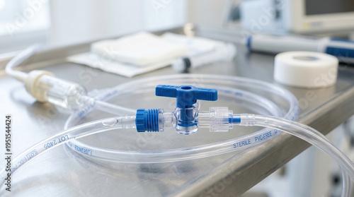 Intravenous tubing with blue valve on metal medical tray, sterile clear plastic tube for fluid delivery in hospital setting, clean and organized healthcare equipment