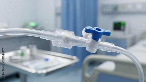 Intravenous tube with blue valve in hospital room, medical equipment for patient care, clear plastic tubing with water droplets, healthcare environment, clinical setting