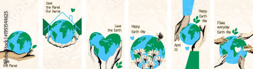 Happy Earth day vertical banners set with diverse halftone cut out hands holding doodle Earth globe Save planet and protect nature concept Modern retro mixed media collage vector illustration isolated