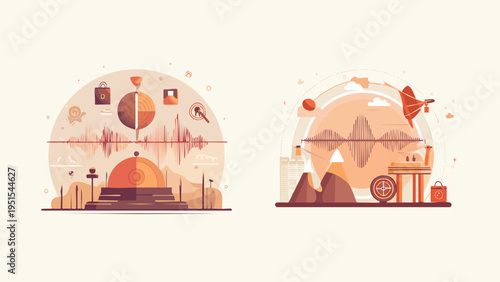 Dynamic Audio Waveform Visualizations for Sound Analysis and Creative Production Illustrating Concepts of Data Measurement, Music, and Communication in Flat Vector Style