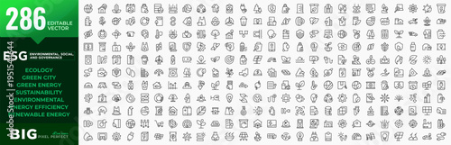 Big ESG line icons mega collection. Environmental, Social, Governance, solar panels, recycling, ecology, renewable energy, energy efficiency, net zero, big UI icon set. Editable vector stroke