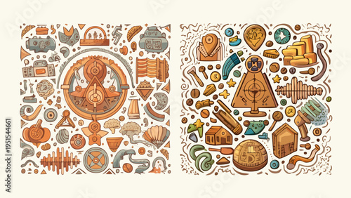 Intricate Cultural Symbols and Ancient Artifacts Collection, Illustrating Heritage and Mystery