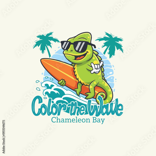 Chameleon Wearing Sunglasses Riding Surfboard.