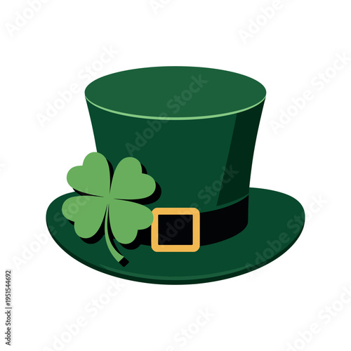 A green top hat adorned with a shamrock and gold buckle