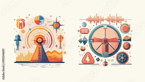 Abstract graphic representations of communication towers and signal transmission, with vibrant colors and geometric shapes symbolizing technology and connectivity