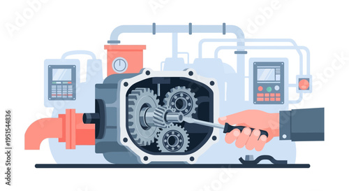 Industrial Machine Repair & Maintenance Vector. Mechanic Hand Fixing Gears with Screwdriver. Engineering and Technical Support Concept.
