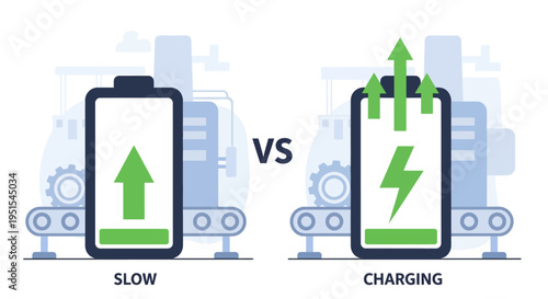 Slow vs Fast Battery Charging Comparison. Power Supply and Energy Efficiency Concept with Production Background