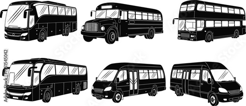 Bus silhouettes collection featuring public transport vehicles, coach, double decker and minibus designs, urban transportation set isolated on white background for design use
