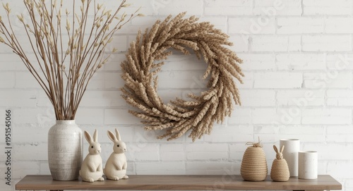 Rustic style home decoration including willow branches in vase, decorative rabbits, and textured wreath on white brick wall