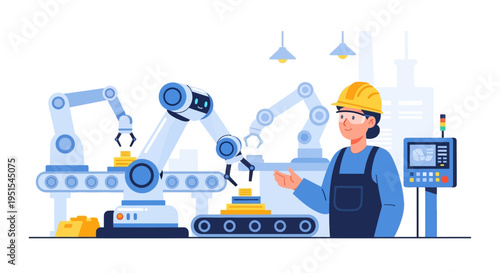 Female Engineer Supervising Robotic Manufacturing on an Automated Production Line in a Modern Factory