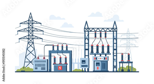 Electrical Substation & Power Grid. Flat Design Vector Illustration of Energy Transmission Towers, High Voltage Power Lines, and Distribution Infrastructure.