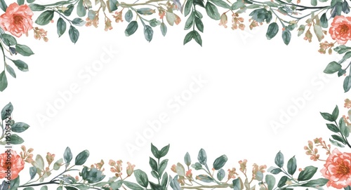 Floral watercolor frame with eucalyptus leaves garland and boho botanical accents