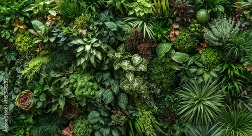 Lush eco friendly living wall featuring a variety of green plants and radiant floral decorations