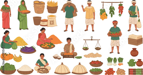 Cartoon Farmers and Market Produce Collection with Vegetables Fruits Grains Weighing Scales and Rural Agriculture Elements for Vector Illustration